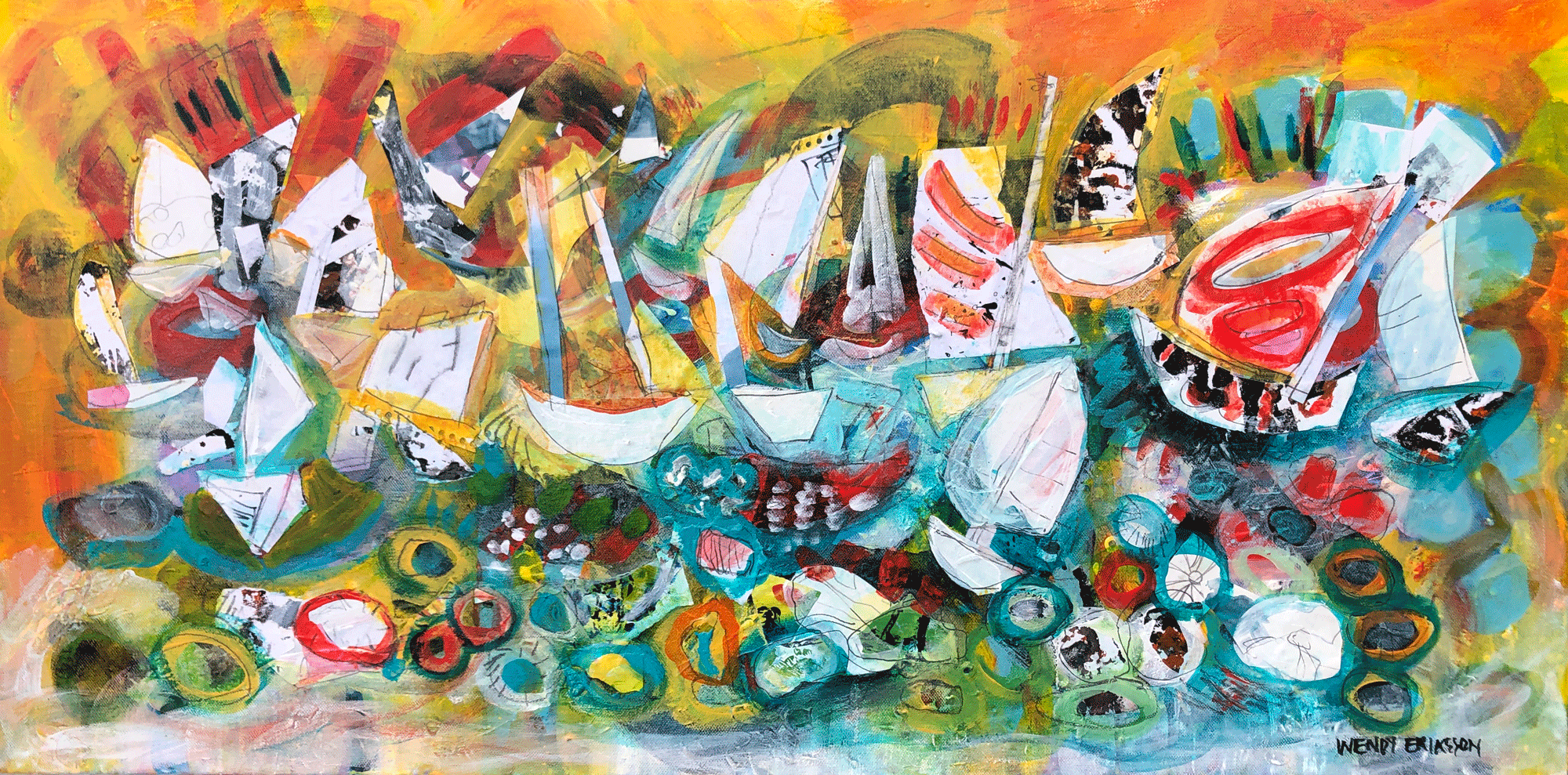 Maritime Melody Mixed Media Sailboat Artwork Orange Ochre Yellow Red Aqua Black Layered Collage