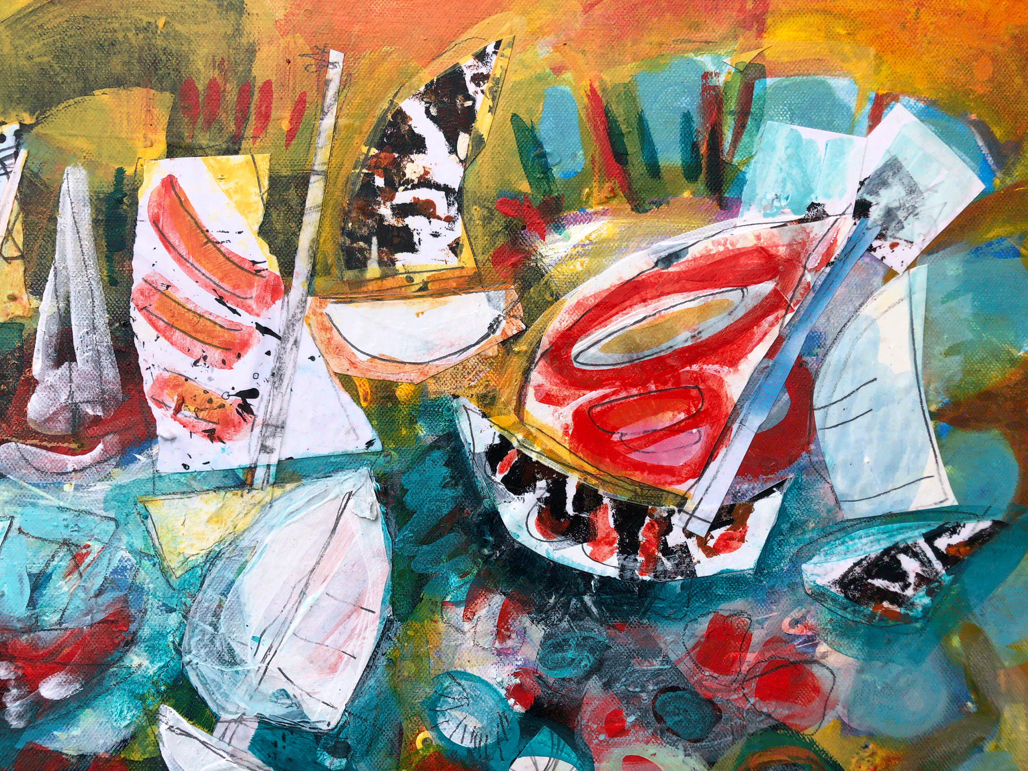 Maritime Melody Mixed Media Sailboat Artwork Orange Ochre Yellow Red Aqua Black Layered Collage