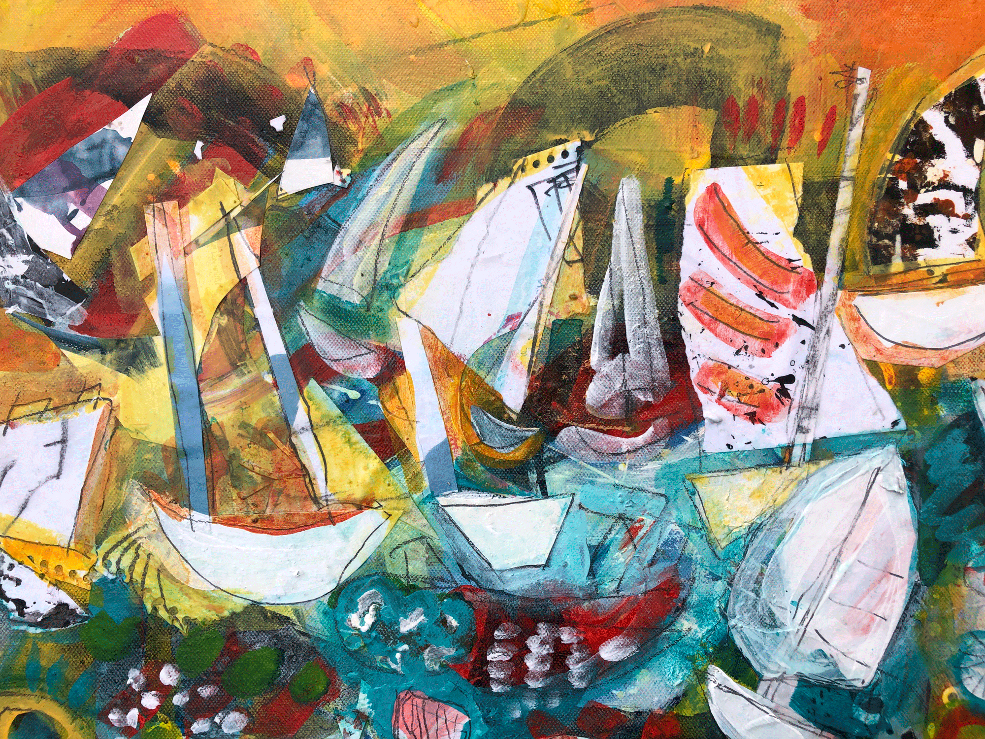 Maritime Melody Mixed Media Sailboat Artwork Orange Ochre Yellow Red Aqua Black Layered Collage