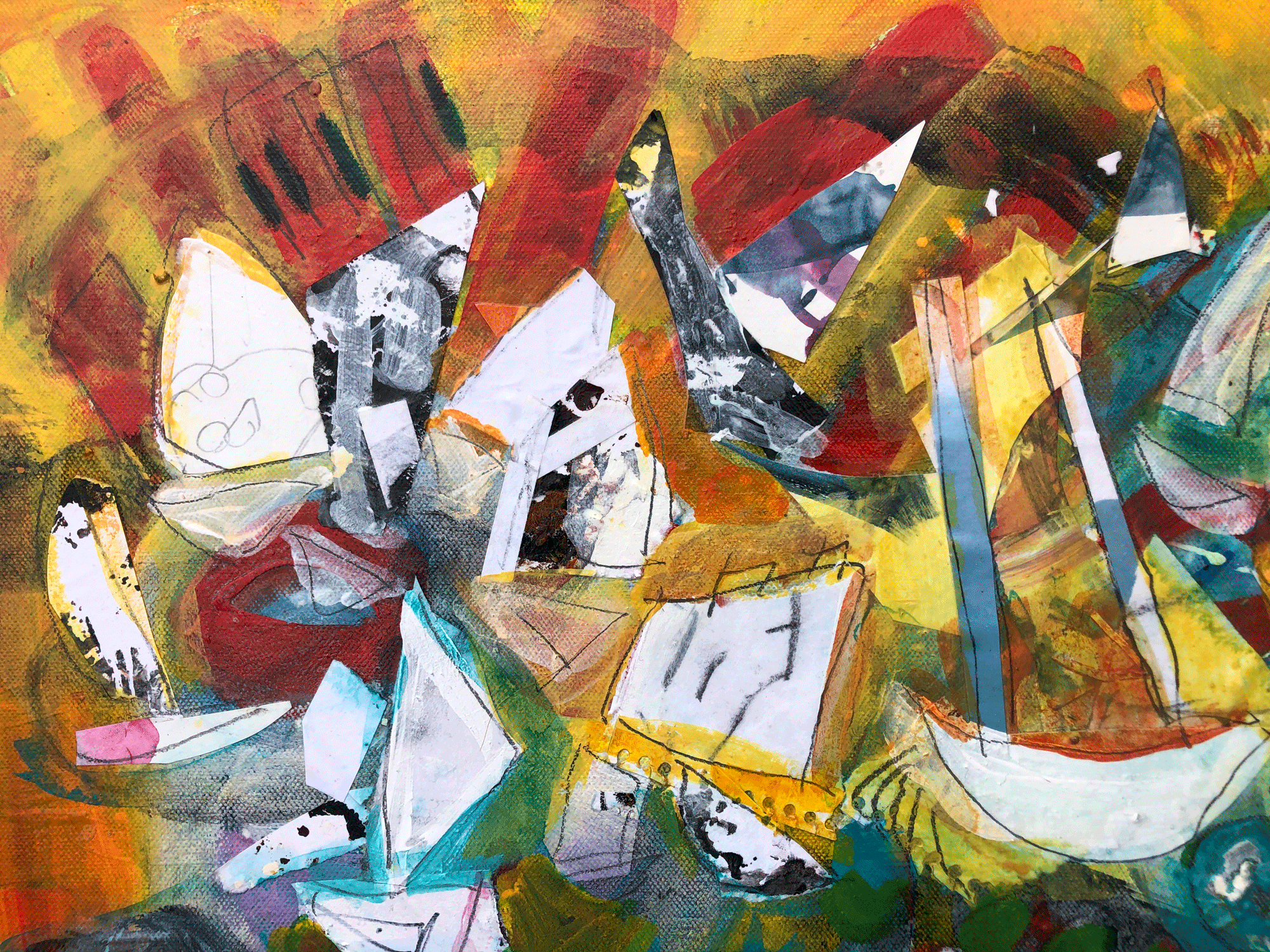 Maritime Melody Mixed Media Sailboat Artwork Orange Ochre Yellow Red Aqua Black Layered Collage