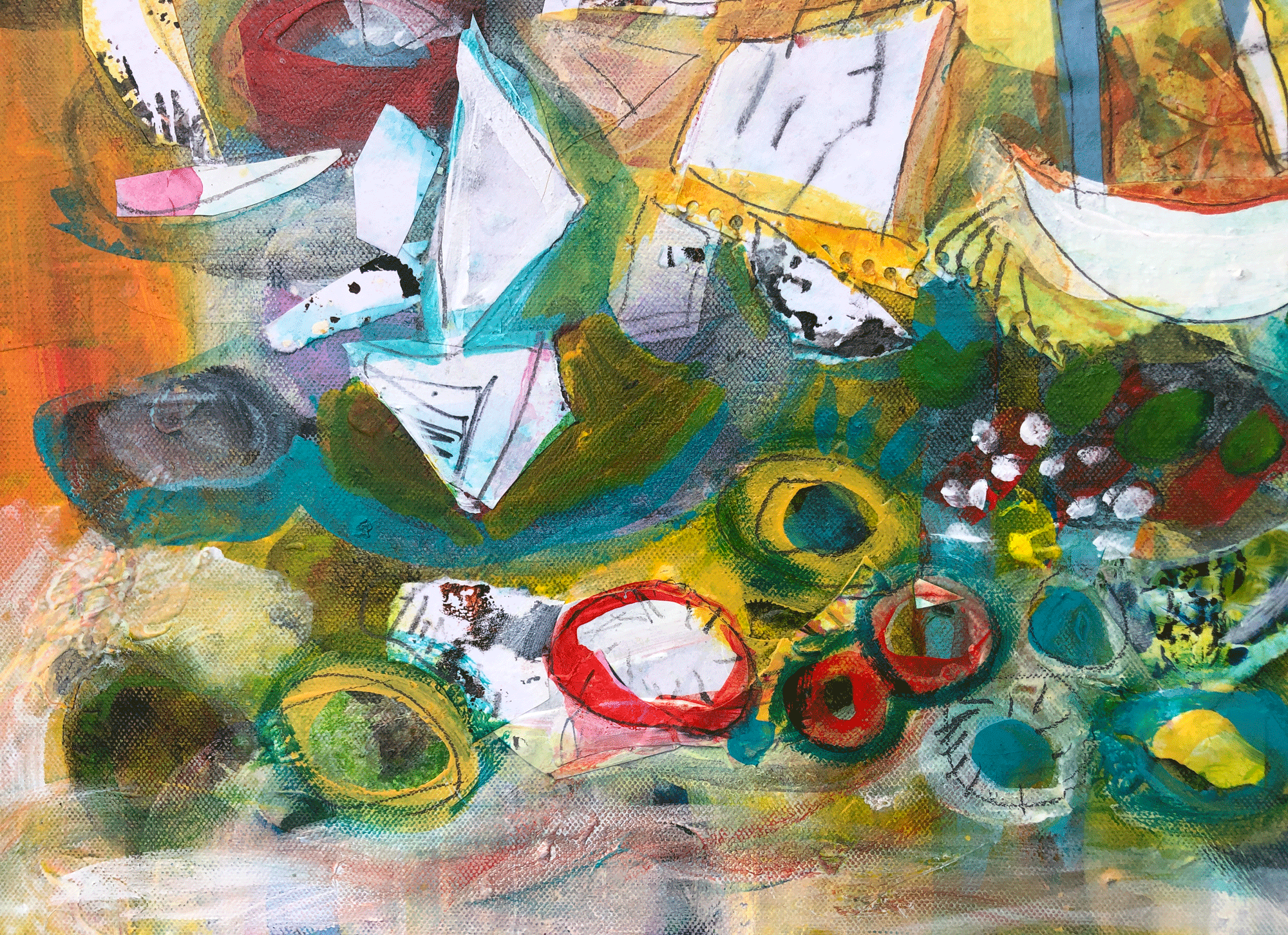 Maritime Melody Mixed Media Sailboat Artwork Orange Ochre Yellow Red Aqua Black Layered Collage