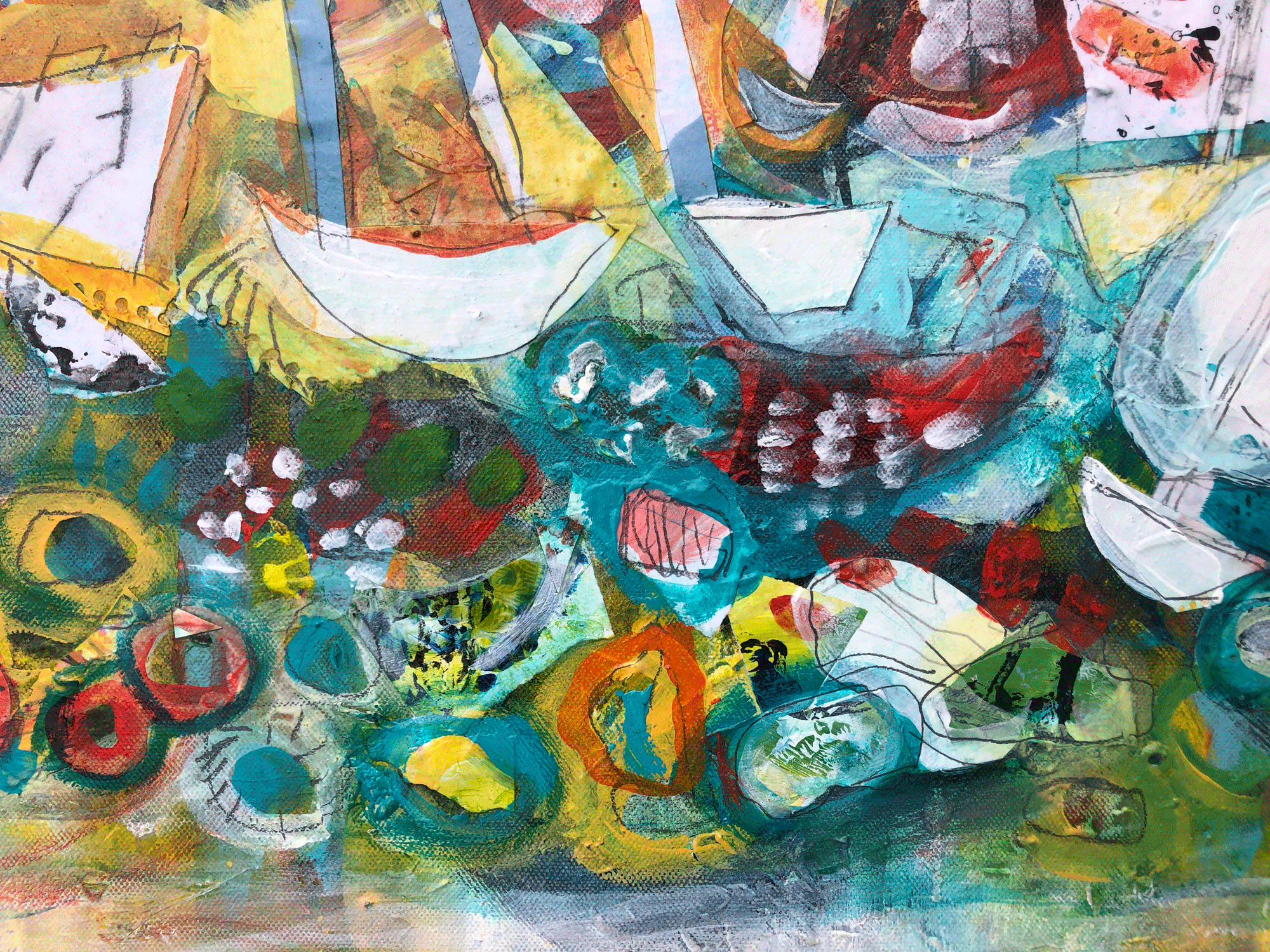 Sailboat artwork of a sailing regatta. Contemporary, modern collage style.