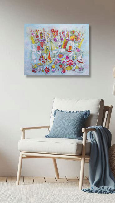 Whimsical harbour scene with colourful sailboats painting on a wall with an occasional chair.