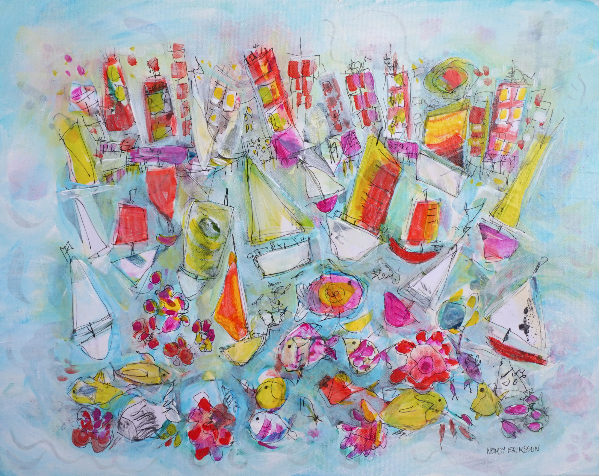 Whimsical harbour scene with colourful sailboats.